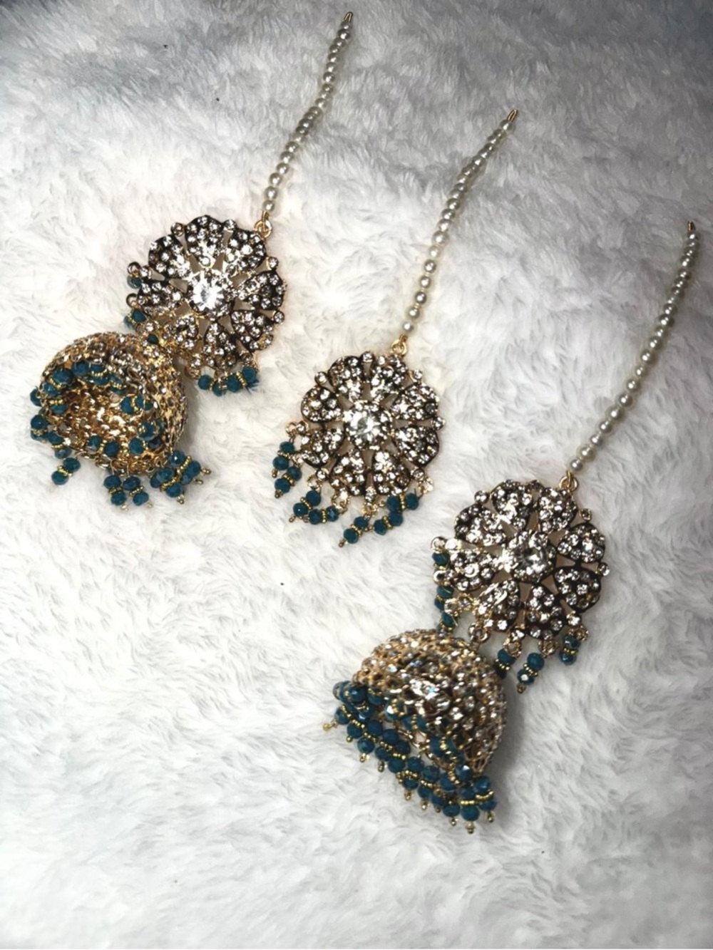 Gold and Teal Jhumka Earrings with Pearls - Elegant Women’s Jewelry